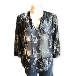 LUCKY BRAND Top Sheer Navy Floral Blouse Tie Neck Womens Size XS